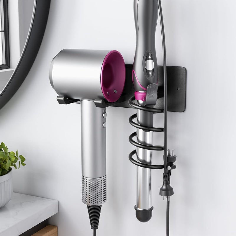 Tindbea Hair Dryer Holder + Curling Iron Holder,Blow Dryer Holder Wall Mount, Bathroom Hair Tool Organizer Rack for Universal Dryer Matte Black - Image 1